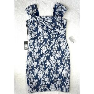 NWT Tadashi‎ Shoji 14 Brocade Cocktail Dress Ivory Navy Above Knee